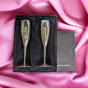 Kirk Stieff Silver Plate 9" Champagne Flute Pair w/ Storage Box Made In Spain